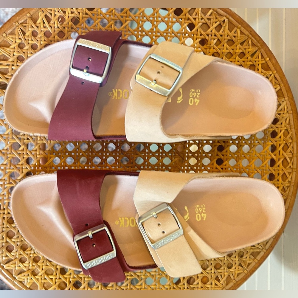 Birkenstock Cream and Burgundy Arizona Sandals